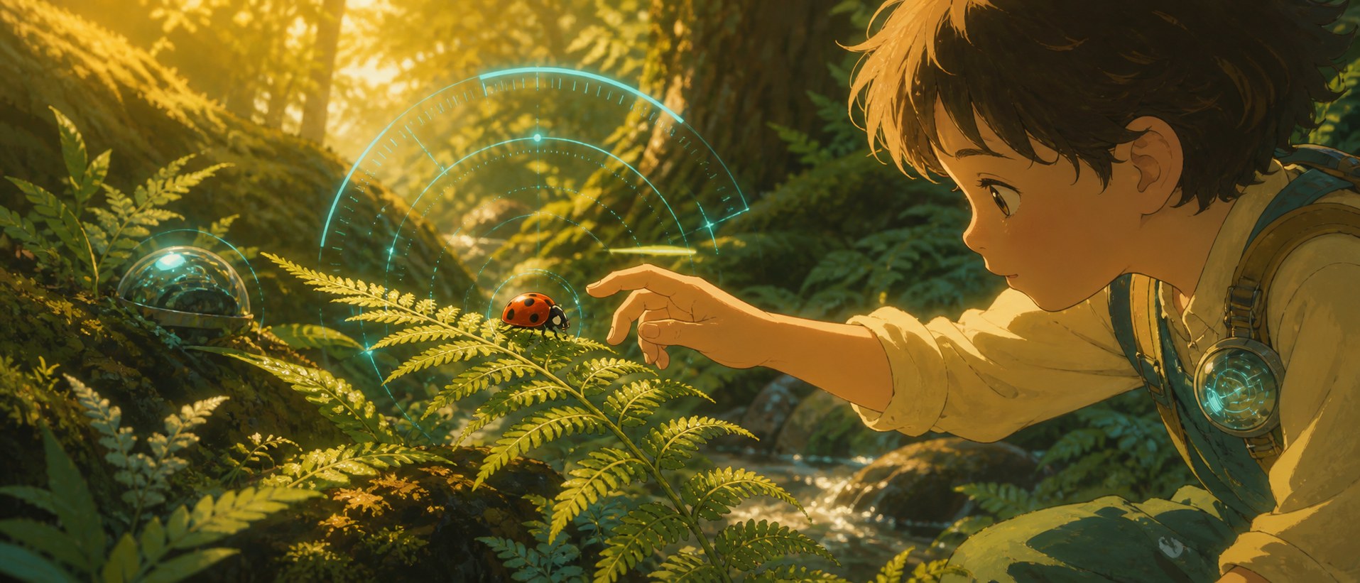 Painterly golden-hour forest floor - a child reaches toward a ladybug on a fern while soft cyan holographic scan arcs float above it