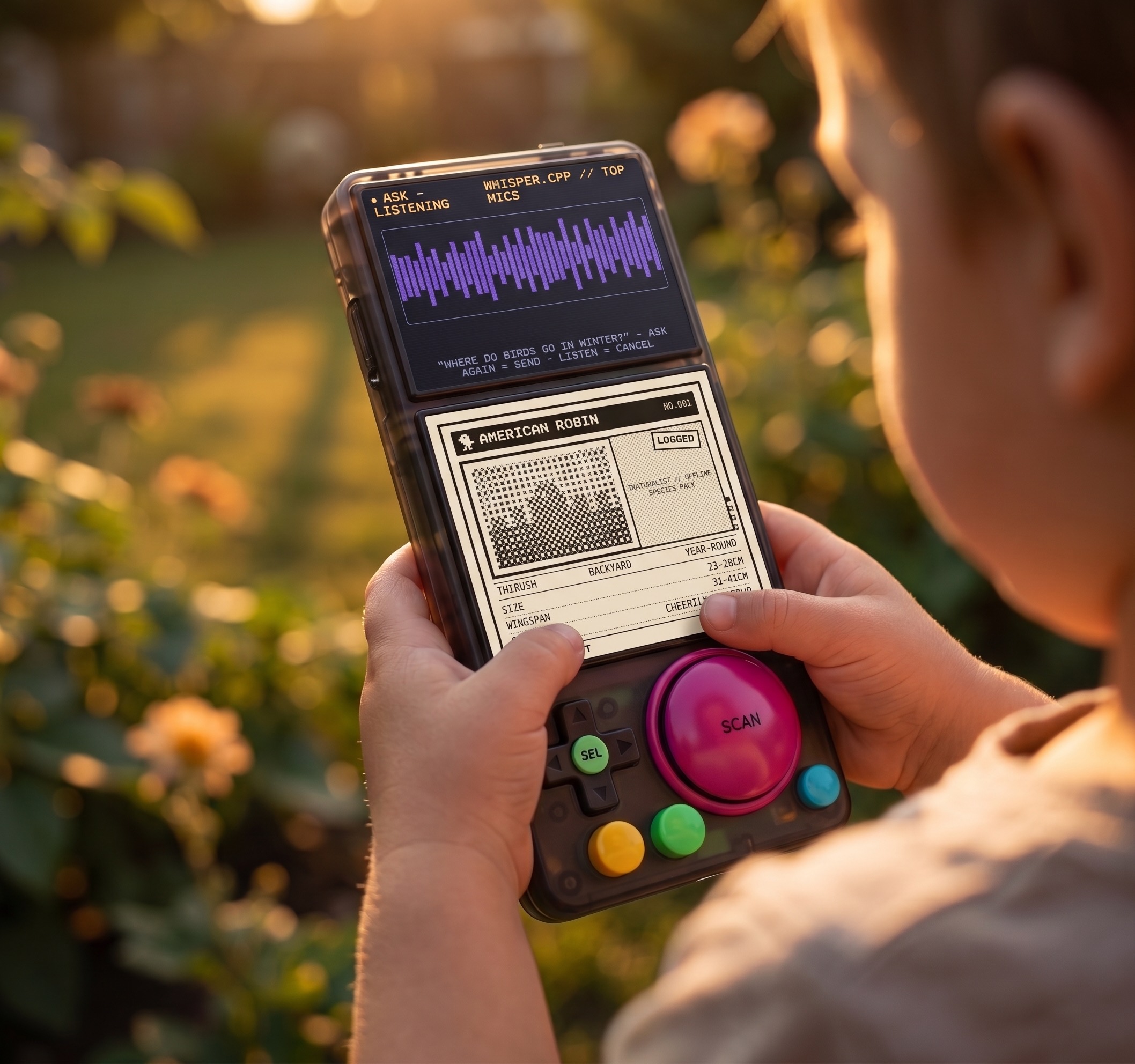 ASK mode at golden hour - the e-ink card answers with an American Robin field entry