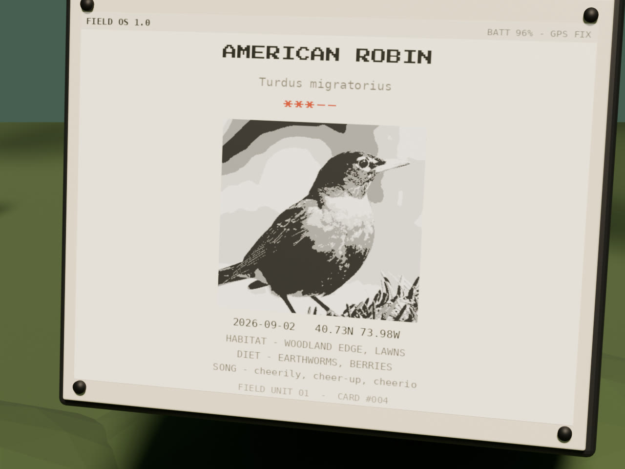 Scout Mini front - the 5.83 e-ink find card on its printed bracket