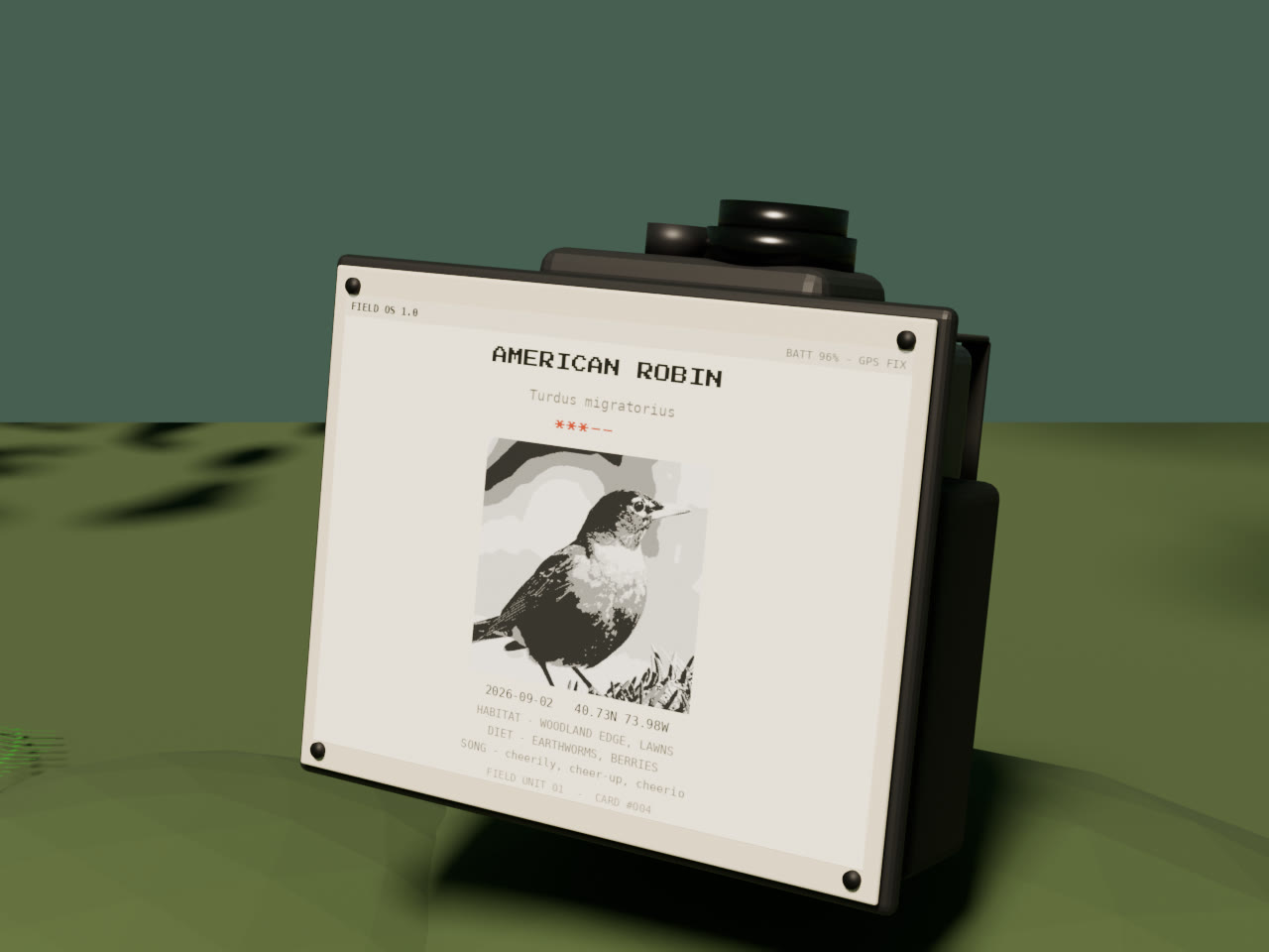 Scout Mini on the forest floor - e-ink showing a dithered American Robin find card