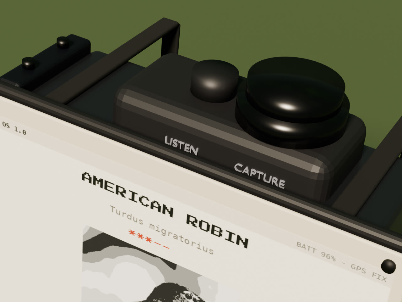 Scout Mini top edge - the Sanwa CAPTURE button and LISTEN cap in the adhesive pod