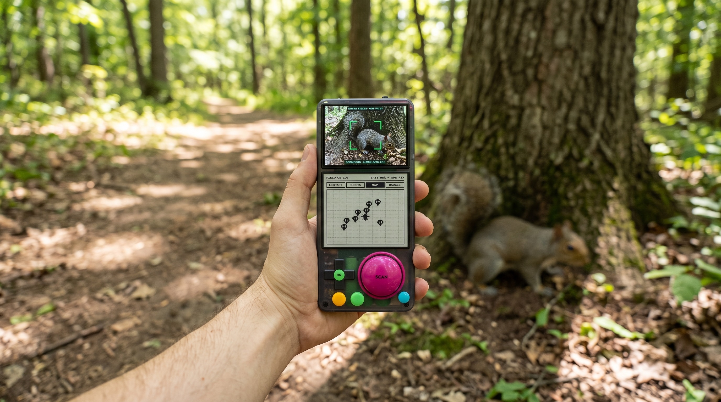 Point-and-scan viewfinder locking onto an eastern gray squirrel on the trail