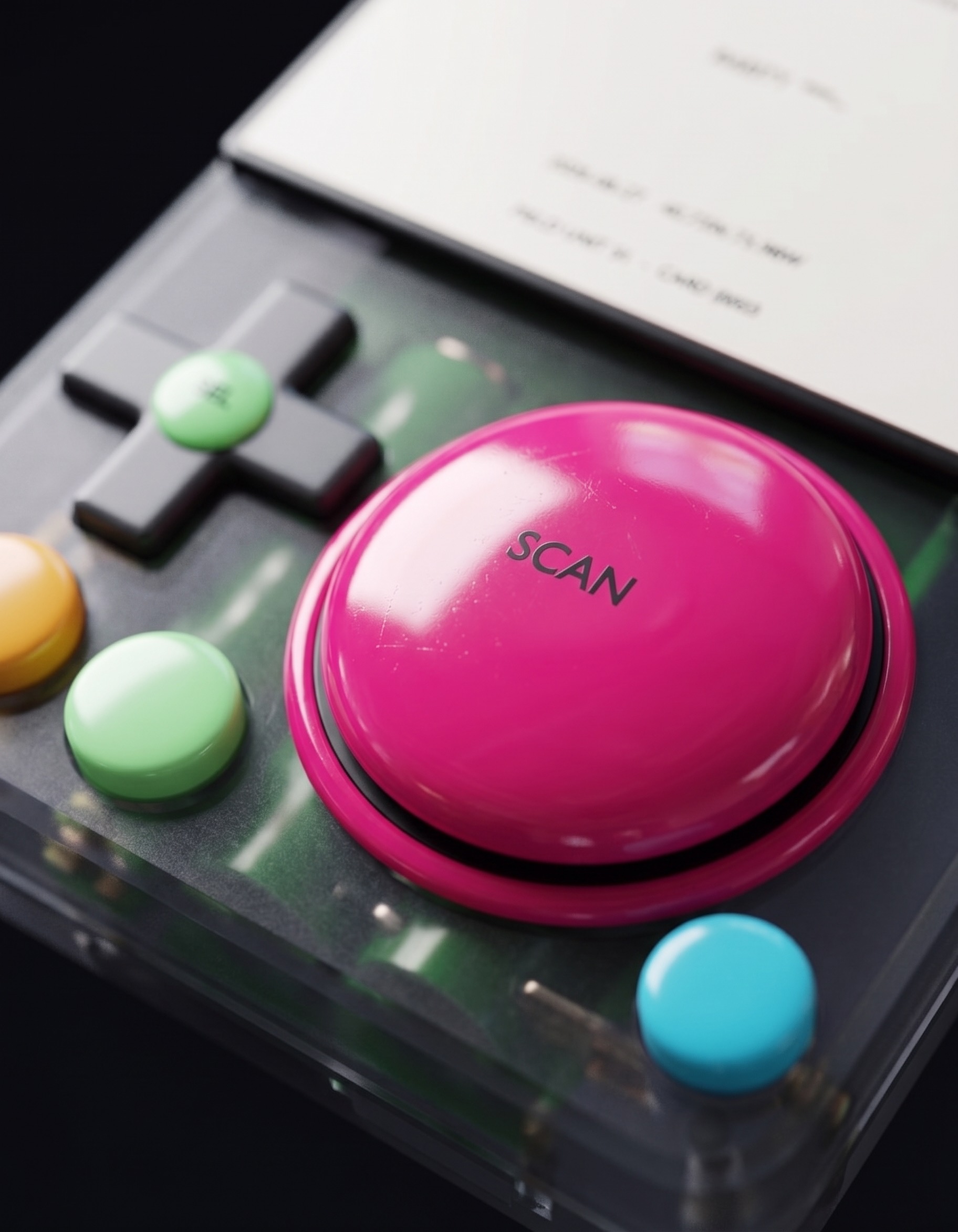 The 60mm SCAN dome, D-pad and satellite buttons on the translucent smoke shell