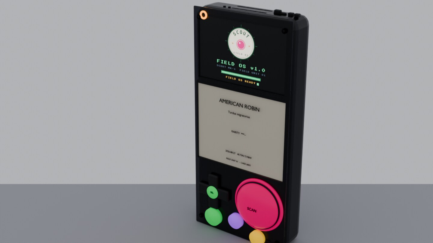 SCOUT MK-1 handheld nature scanner - FIELD OS boot screen up top, Finds library on the e-ink below